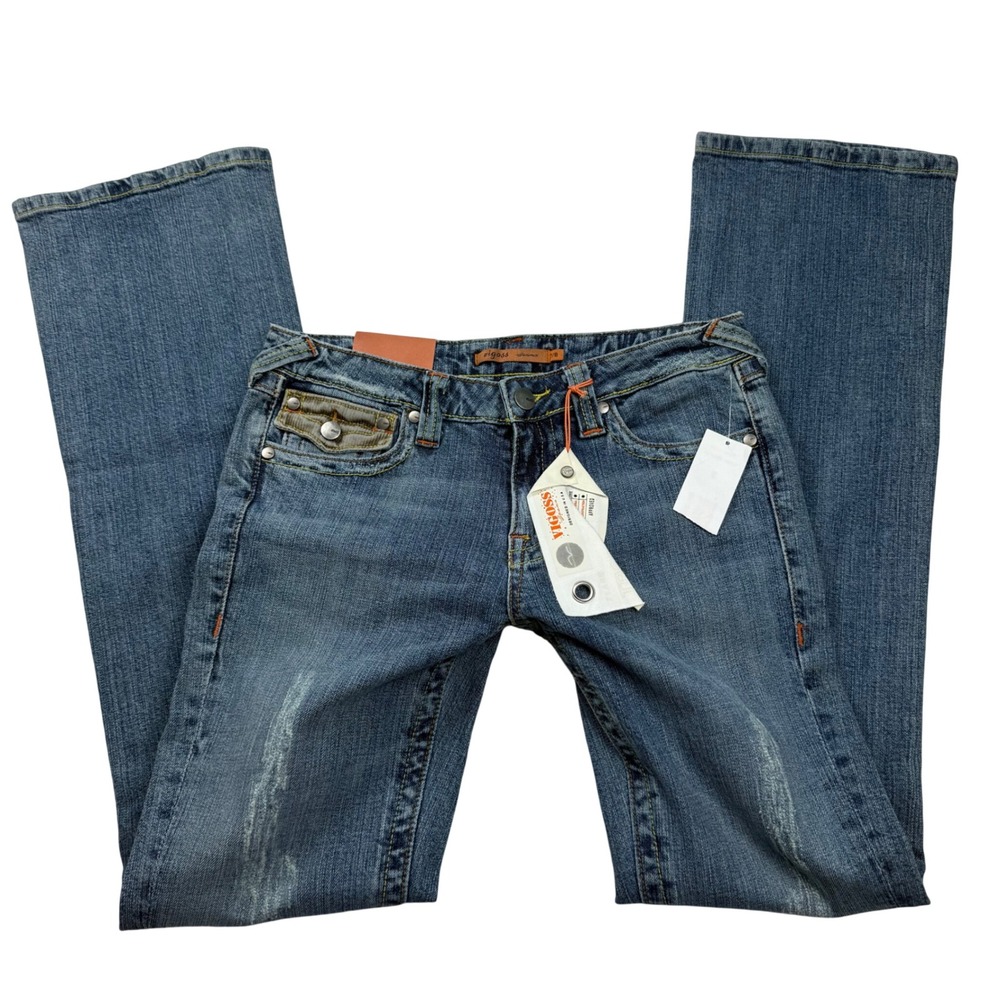 NWT VTG Y2K Vigoss Bootcut Jeans Medium Wash Low Rise Flap Pocket Distressed 7/8
